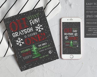 Oh What Fun Holiday First Birthday Christmas Birthday First Birthday Invitation Template Winter Birthday 5x7