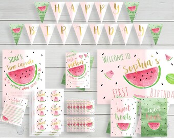 Plantilla de invitación de cumpleaños de sandía, cumpleaños de sandía, invitación de primer cumpleaños, descarga instantánea editable