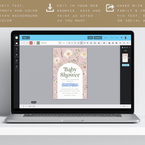 May include: A digital mockup of a baby shower invitation with a floral design. The invitation is on a pink background with white daisies and green leaves. The text "Baby Shower" is in green and the name "Rachel Peterson" is in blue. The invitation is displayed on a laptop screen.