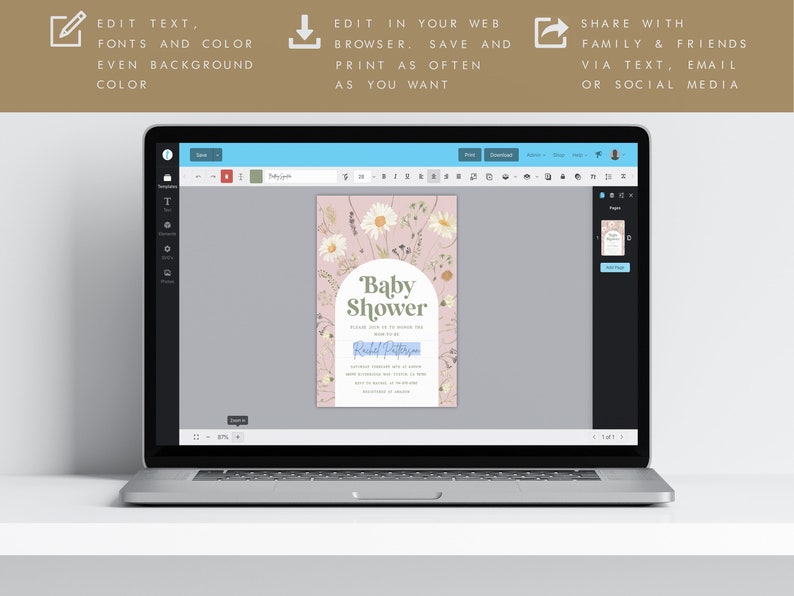 May include: A digital mockup of a baby shower invitation with a floral design. The invitation is on a pink background with white daisies and green leaves. The text "Baby Shower" is in green and the name "Rachel Peterson" is in blue. The invitation is displayed on a laptop screen.