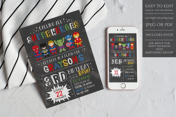 Superhero Birthday Party Invitation, Superhero Birthday, Superhero Invitation, INSTANT DOWNLOAD, Printable Invitation - SHBI