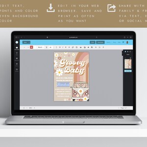 May include: A laptop screen shows a baby shower invitation with a retro design. The invitation features a rainbow, daisies, and a vintage van. Text includes "Groovy Baby" and the name "Rachel". The laptop is on a white surface.