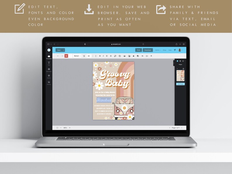 May include: A laptop screen shows a baby shower invitation with a retro design. The invitation features a rainbow, daisies, and a vintage van. Text includes "Groovy Baby" and the name "Rachel". The laptop is on a white surface.