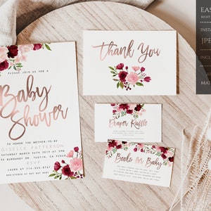 Marsala Floral Rose Gold Shower Invitation Baby Shower Invitation Template Blush Burgundy Verdilian Editable Printable Download Roses Blush