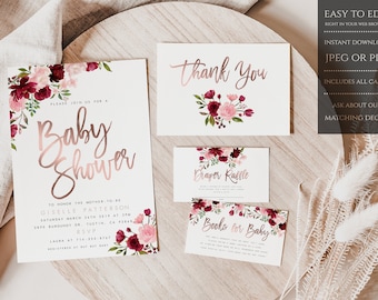 Marsala Floral Rose Gold Shower Invitation Baby Shower Invitation Template Blush Burgundy Verdilian Editable Printable Download Roses Blush