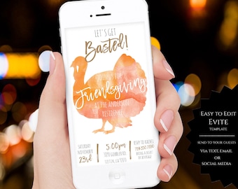 Friendsgiving Evite Invitation, Lets Get Basted Friendsgiving Evite Invitation Template, Thanksgiving Dinner Invite, Electronic Invite
