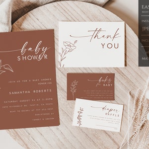 Invitación de baby shower boho de terracota, baby shower de otoño minimalista, ducha de género neutro, tonos tierra quemados boho, descarga instantánea