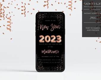 New Years Eve Party Evite, New Years Eve Electronic Invite, New Years Eve Digital Invitation, INSTANT DOWNLOAD, Rose Gold, Black