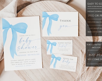 Blue Bow Baby Shower Invitation, Boy Baby Shower Invitation, Baby Sprinkle Invite, Blue Pastel Ribbon, Editable Template, Instant Download