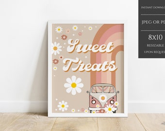 Groovy Food Party Sign, Sweet Treats Party, Hippie Van Party Decor Birthday Sign, Food Sign Daisy Retro 70s Peace, Instant Download, GBPD