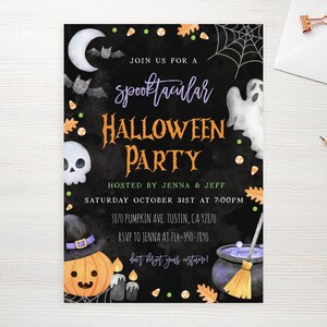 May include: A black and white Halloween party invitation with a spooky theme. The invitation features a pumpkin, a ghost, a cauldron, a skull, and bats. The text on the invitation reads "Join us for a spooktacular Halloween Party" and includes the date, time, and location of the party.