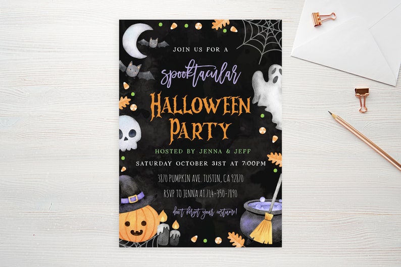 May include: A black and white Halloween party invitation with a spooky theme. The invitation features a pumpkin, a ghost, a cauldron, a skull, and bats. The text on the invitation reads "Join us for a spooktacular Halloween Party" and includes the date, time, and location of the party.