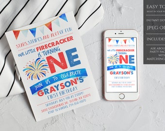 4th Of July First Birthday Invite, 4th of July 1st Birthday Invite, Little Firecracker Invite, 4th Of July, Instant Download - FOJBI