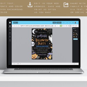 May include: A digital design template for a Halloween party invitation. The invitation features a black background with a spooky illustration of a witch's hat, a cauldron, a ghost, and a pumpkin. The text reads "Join us for a Spooktacular Halloween Party".