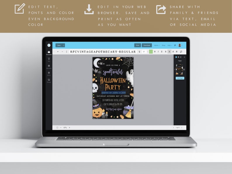 May include: A digital design template for a Halloween party invitation. The invitation features a black background with a spooky illustration of a witch's hat, a cauldron, a ghost, and a pumpkin. The text reads "Join us for a Spooktacular Halloween Party".