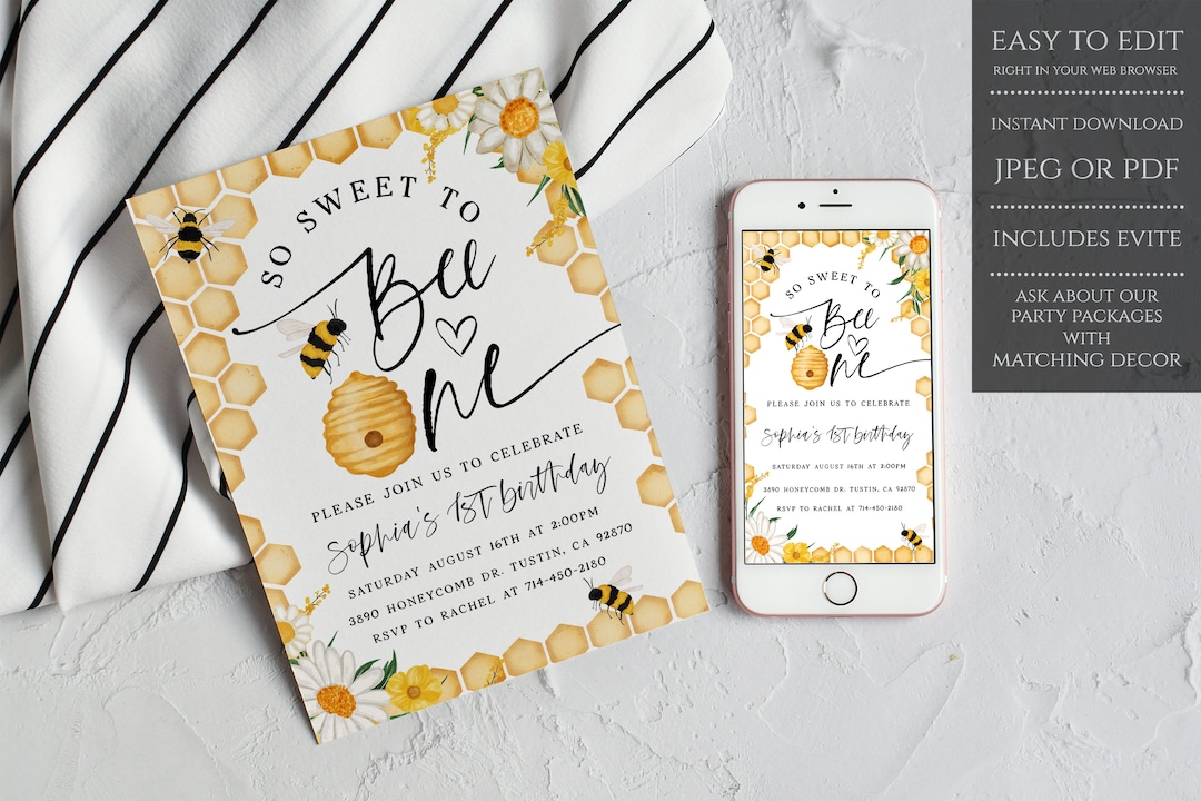 Editable Bee Birthday Invitation Honey Bee Birthday Party Bee 1st ...