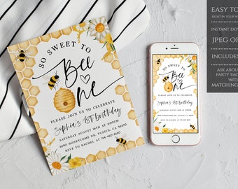 Editable Bee Birthday Invitation Honey Bee Birthday Party Bee 1st Birthday So Sweet To Bee One Party Bee-Day 1st Birthday Instant download