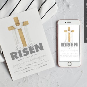 May include: Printable Easter invitation with a gold cross and white fabric draped over it. The text reads "He is Risen" and includes details for an Easter celebration.