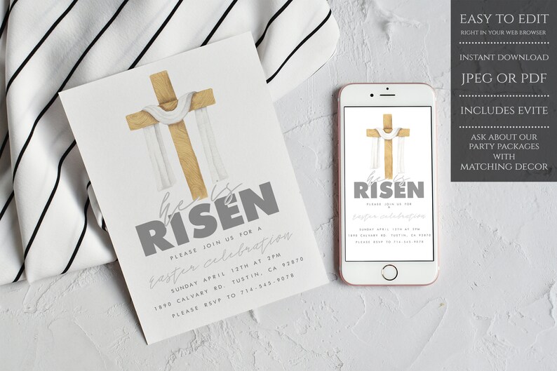 May include: Printable Easter invitation with a gold cross and white fabric draped over it. The text reads "He is Risen" and includes details for an Easter celebration.