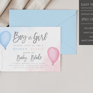 Boy or Girl Gender Reveal Invitation, He or She Pink or Blue Gender Reveal Invitation, Balloon Reveal Invitation, INSTANT DOWNLOAD