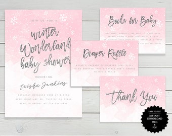 May include: Pink and white baby shower invitation with snowflakes and a winter wonderland theme. The invitation says "Join us for a winter wonderland baby shower honoring Trisha Jenkins".