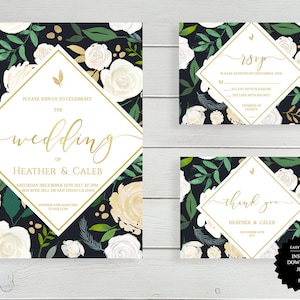 White Floral Wedding Invitation, White Gold Green Floral Wedding Invitation, Boho Wedding, Greenery Wedding Invite, Floral Wedding Invite