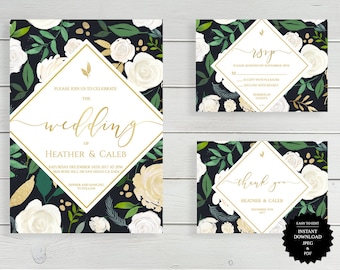 Invito a nozze floreale bianco, invito a nozze floreale verde oro bianco, matrimonio Boho, invito a nozze nel verde, invito a nozze floreale