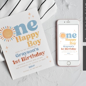 One Happy Boy Birthday Invitation, 1st Birthday Invitation, Sun 1st Birthday Invite, One Happy Boy