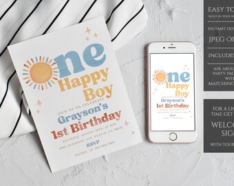 One Happy Boy-Geburtstags-Einladung, 1.Geburtstags-Einladung, Sun 1.Geburtstag einladen, ein glücklicher Junge