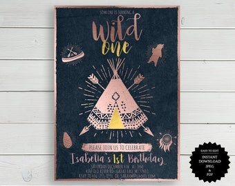 Wild One Birthday Invitation, Tribal Tent, First Birthday (PDF)