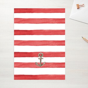 May include: A red and white striped background with a silver anchor in the center. The stripes are painted in a watercolor style.