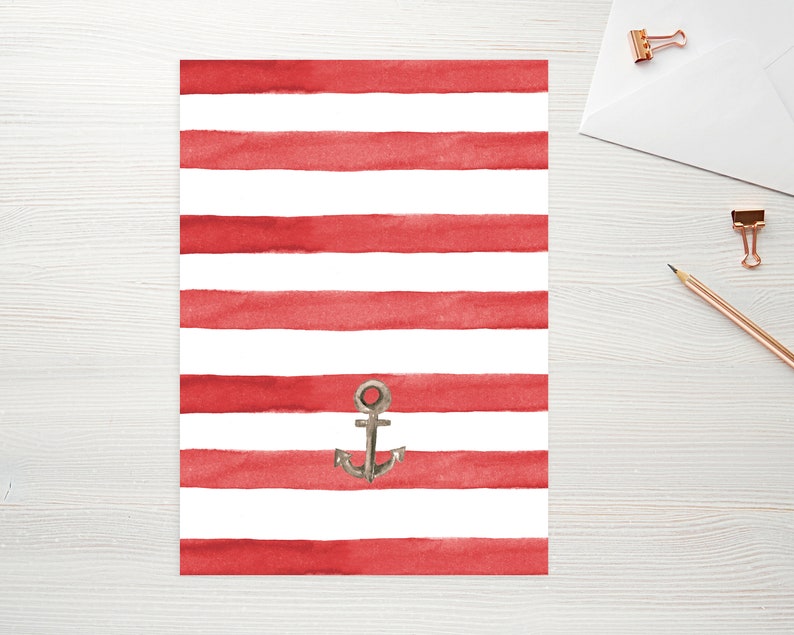 May include: A red and white striped background with a silver anchor in the center. The stripes are painted in a watercolor style.