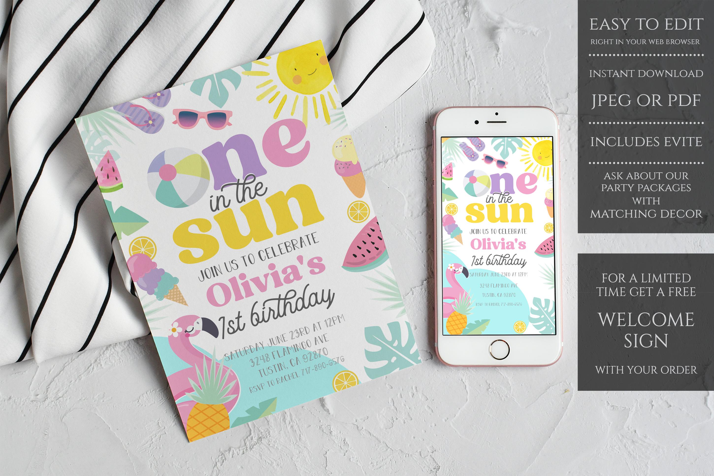 Editable One In The Sun 1st Birthday Party Invitation, Girl Pool Party Birthday, Girl 1st Birthday Party Pool Party, Pastel, OITSP