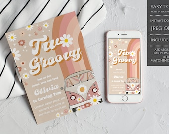 Two Groovy 2nd Birthday Invite, Two Groovy Second Birthday Invitation, Retro Groovy Hippie 70's Rainbow, Instant Download, Editable