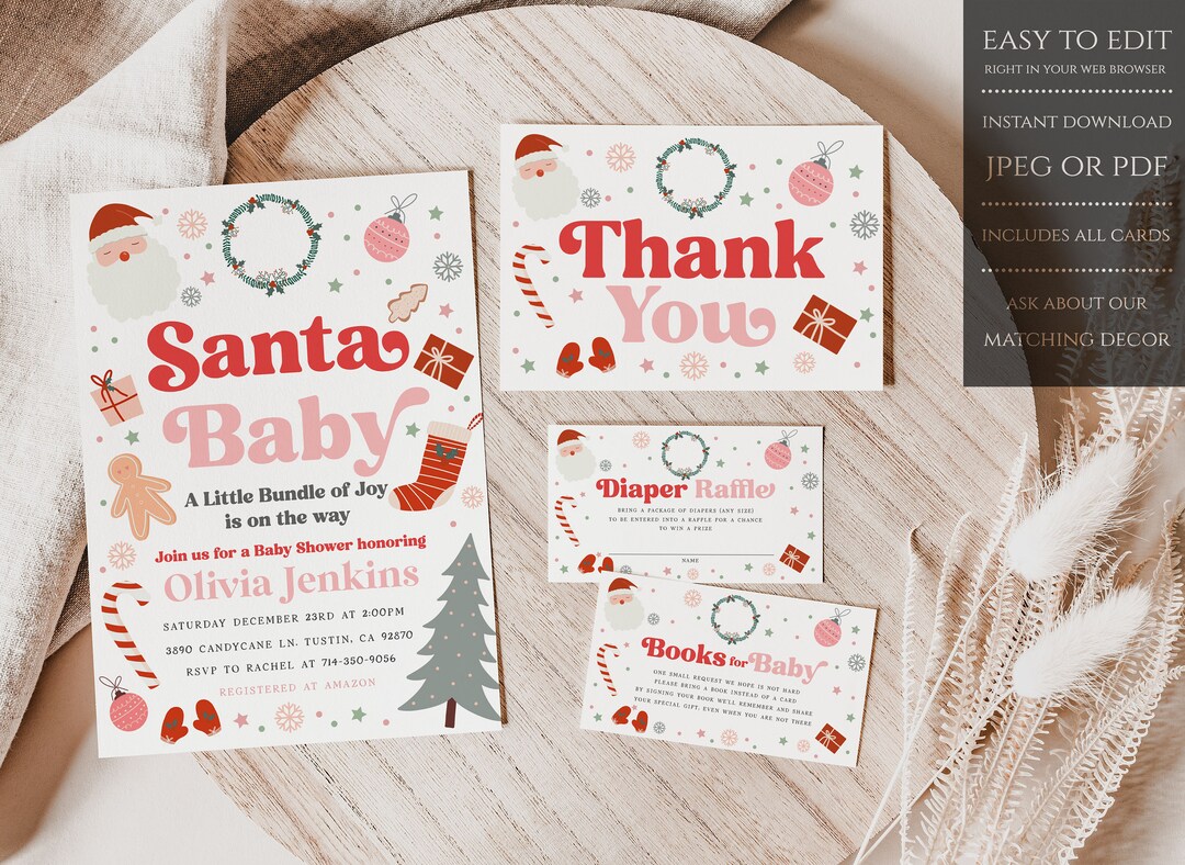 Plantilla de invitación de baby shower de Santa, invitación navideña ...
