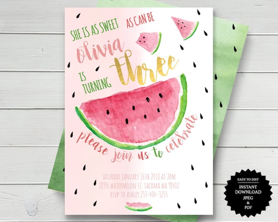 Watermelon Party Watermelon Birthday Watermelon Watermelon Invite Third Birthday Summer Birthday Invitation One In A Melon Birthday Invite