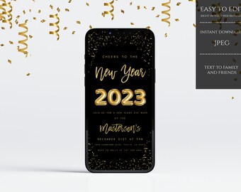 New Years Eve Party Evite, New Years Eve Electronic Invite, New Years Eve Digital Invitation, INSTANT DOWNLOAD, Gold, Black