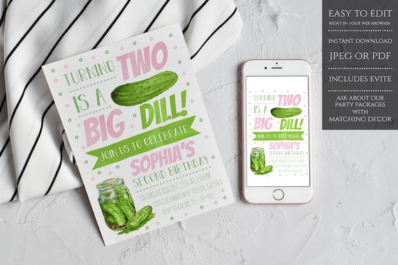 Pickle Birthday Invitation, Two Is A Big Dill Birthday Invite, A Big Dill Pickle Birthday Invite, Instant Download, Editable Template