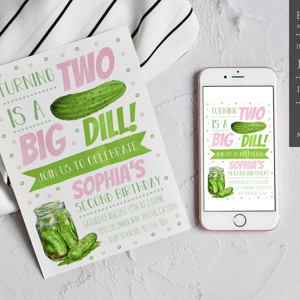 Pickle Birthday Invitation, Two Is A Big Dill Birthday Invite, A Big Dill Pickle Birthday Invite, Instant Download, Editable Template