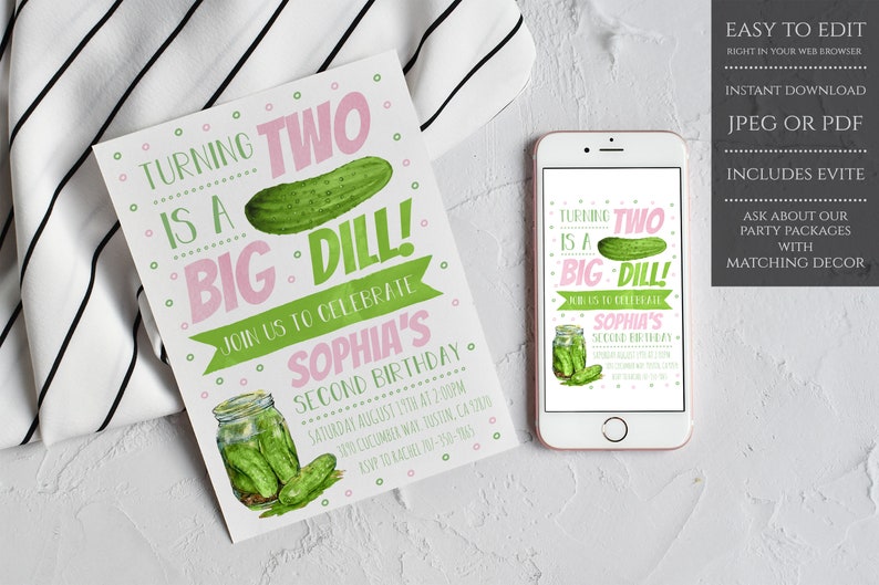 Pickle Birthday Invitation, Two Is A Big Dill Birthday Invite, A Big Dill Pickle Birthday Invite, Instant Download, Editable Template image 1