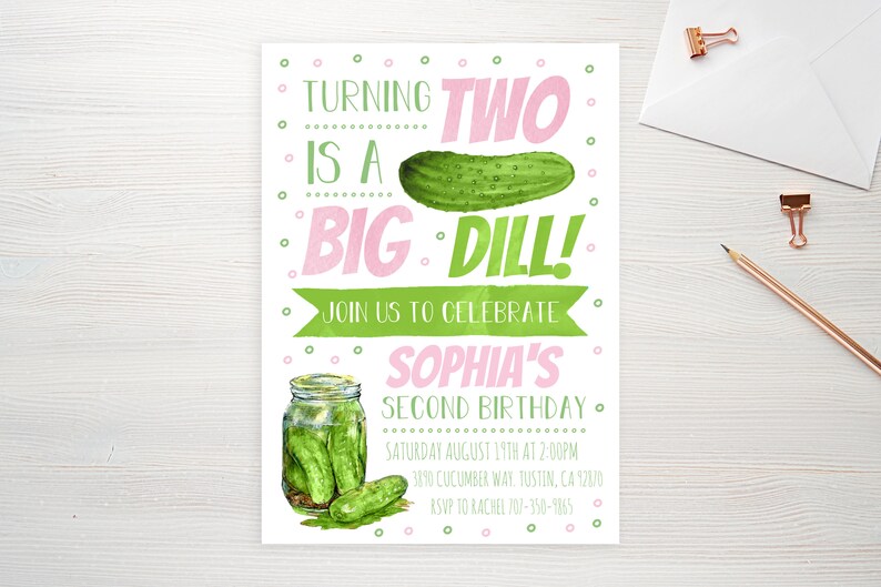 Pickle Birthday Invitation, Two Is A Big Dill Birthday Invite, A Big Dill Pickle Birthday Invite, Instant Download, Editable Template image 2