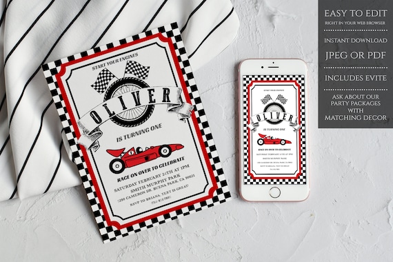 Race Car Invitation, Red Race Car Invitation, Go Kart Birthday Invitation, Race Car Invitations, Racing Invite, Race Car Birthday Invitation