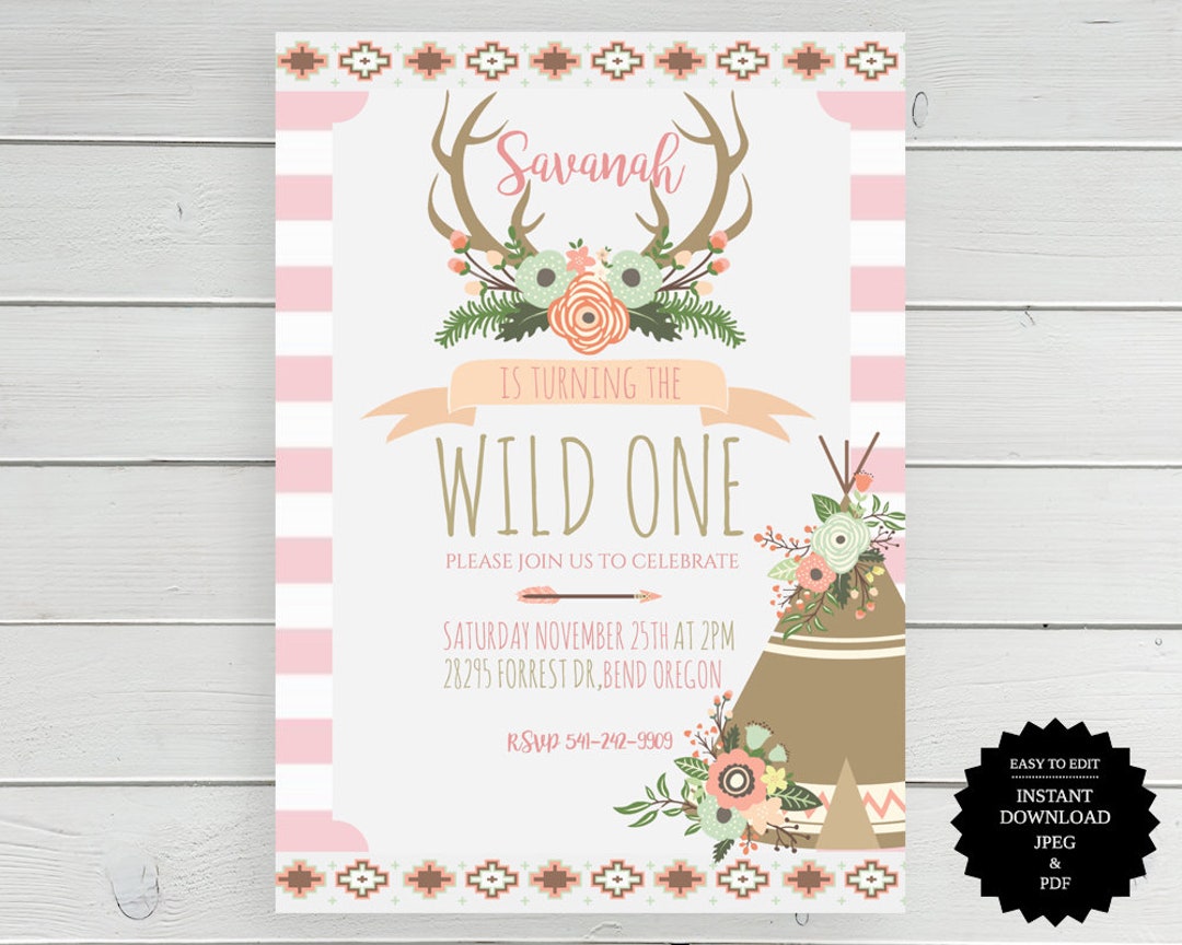 Wild One Birthday Invitation, Girl Tribal Invitation, Wild One Party