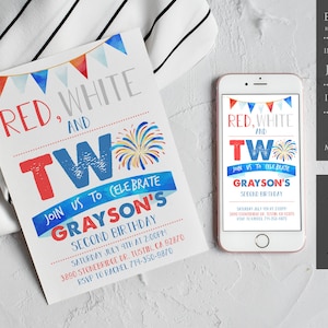 4th Of July Second Birthday Invitation, Red White and Two Birthday Invitation, 4th of July 2nd Birthday Invite, Instant Download - FOJSBI