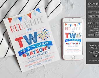 4th Of July Second Birthday Invitation, Red White and Two Birthday Invitation, 4th of July 2nd Birthday Invite, Instant Download - FOJSBI