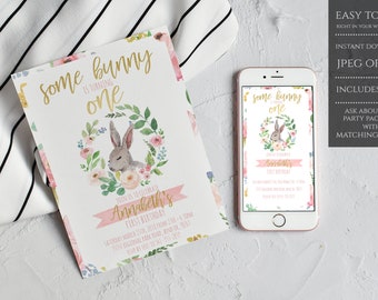 Some Bunny is turning One Invitation, Bunny First Birthday Invitation, Bunny Invitation, Some Bunny 1st Birthday Invite, Pink and Gold