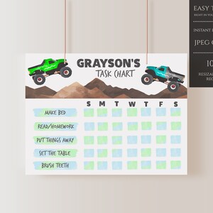 May include: A printable chore chart for kids featuring a green and blue monster truck design. The chart includes the days of the week and a list of chores: Make Bed, Read/Homework, Put Things Away, Set the Table, Brush Teeth. The chart is titled "Grayson's Task Chart".