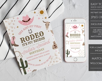 May include: Pink and gold printable invitation for a girl's second birthday party with a rodeo theme. The invitation features a pink cowboy hat, a horseshoe, a cactus, and the text "This ain't my first rodeo, it's my second Sadie's Second Birthday".