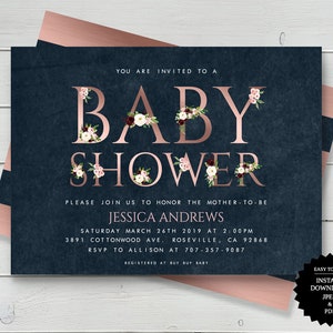 Marsala Rose or Floral Shower Invitation Baby Shower Blush imprimable Télécharger Bourgogne Verdilian Editable Roses Blush carte demande or