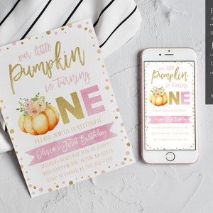 Pumpkin First Birthday Invitation, Our Little Pumpkin 1st Birthday Invitation, Little Pumpkin First Birthday Invite, Editable Template
